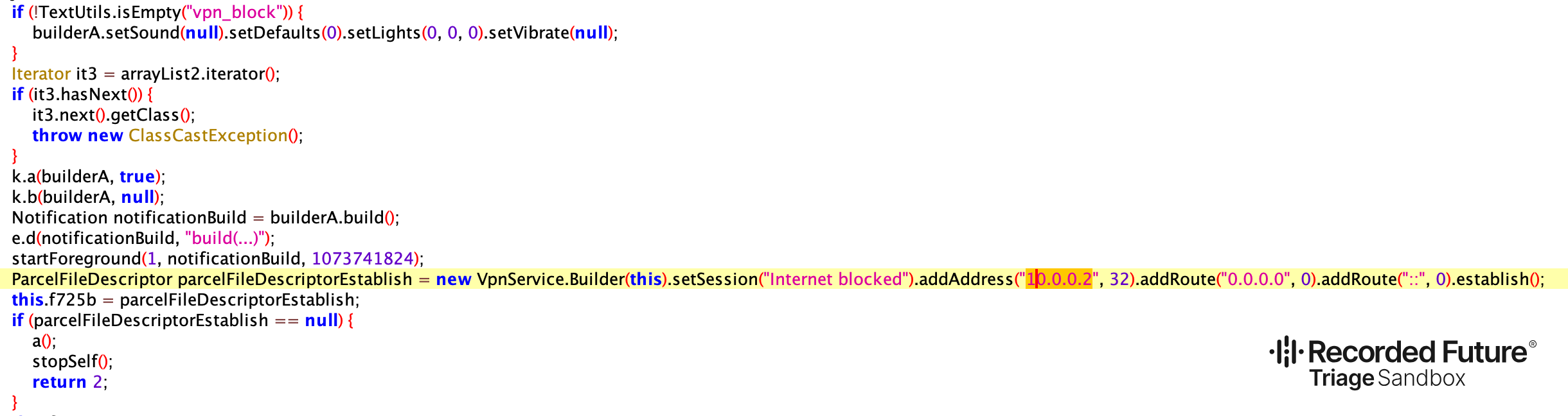 The dropper's VPN setup that routes all IPv4 and IPv6 traffic into the VPN